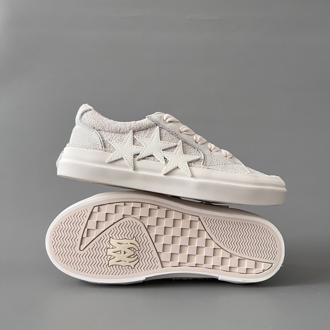 AuroraCustom Amiri Sunset Leather & Suede Low-Top Skate Sneakers (Monochromatic Bone Ecru & Tonal Star Burst Applique Edition) - Image 7
