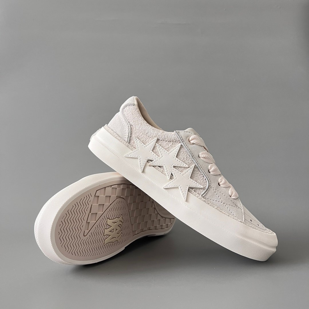 AuroraCustom Amiri Sunset Leather & Suede Low-Top Skate Sneakers (Monochromatic Bone Ecru & Tonal Star Burst Applique Edition) - Image 8
