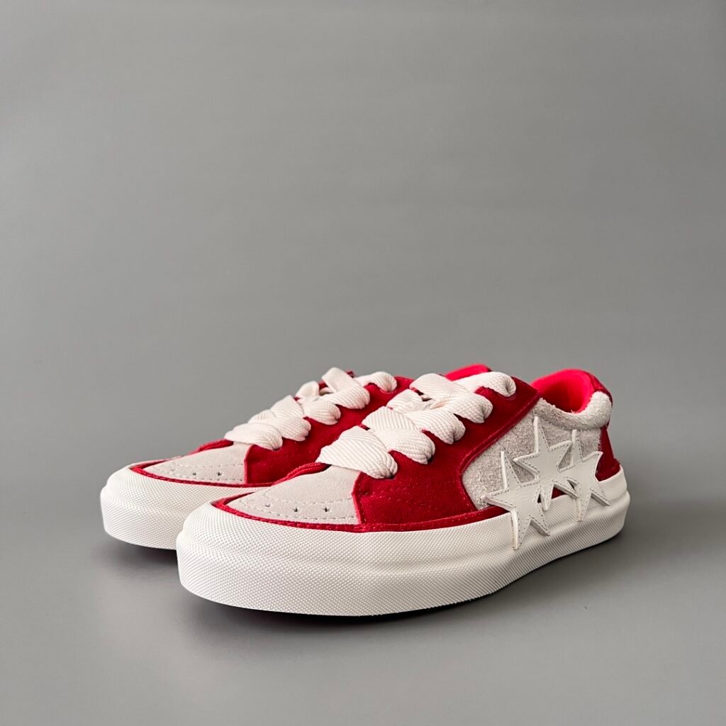 AuroraCustom Amiri Sunset Leather & Suede Low-Top Skate Sneakers (Varsity Crimson Red & Tonal Star Burst Applique Edition)