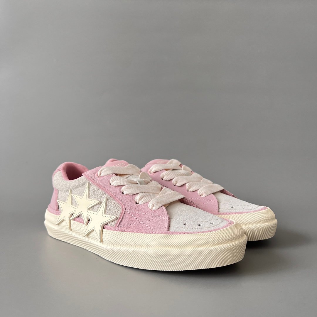 AuroraCustom Amiri Sunset Leather & Suede Low-Top Skate Sneakers (Soft Sakura Pink & Tonal Star Burst Applique Edition) - Image 3