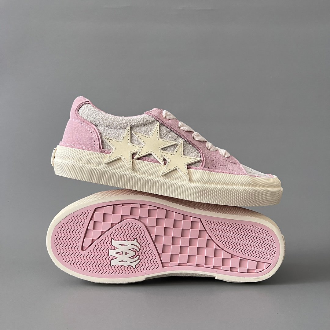 AuroraCustom Amiri Sunset Leather & Suede Low-Top Skate Sneakers (Soft Sakura Pink & Tonal Star Burst Applique Edition) - Image 6