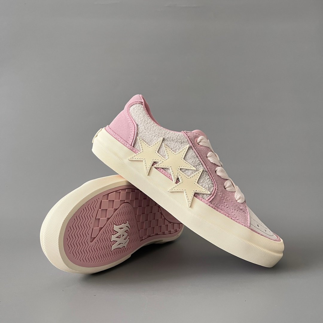 AuroraCustom Amiri Sunset Leather & Suede Low-Top Skate Sneakers (Soft Sakura Pink & Tonal Star Burst Applique Edition) - Image 7
