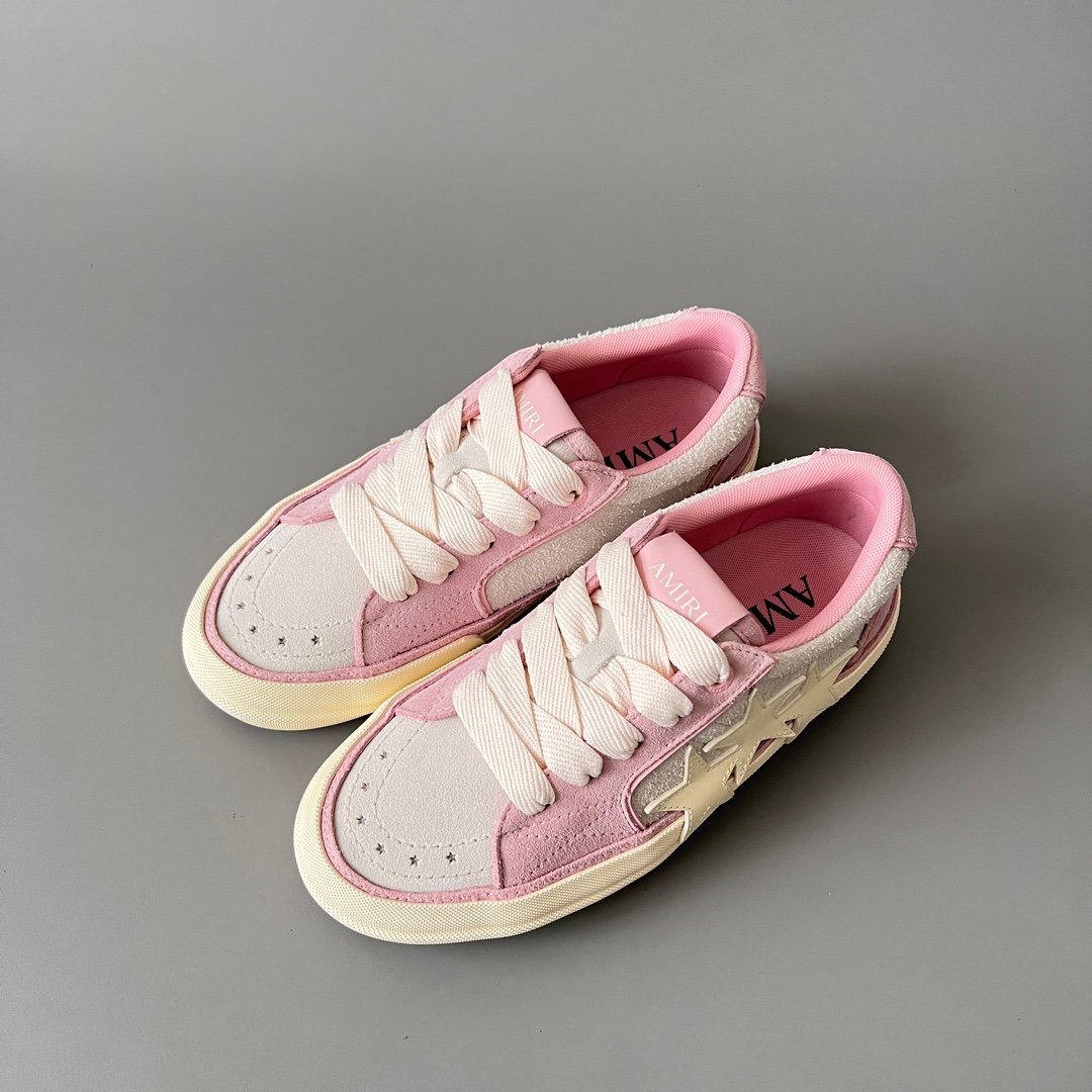 AuroraCustom Amiri Sunset Leather & Suede Low-Top Skate Sneakers (Soft Sakura Pink & Tonal Star Burst Applique Edition) - Image 8