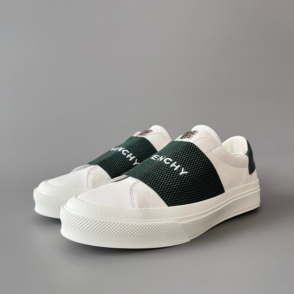 AuroraCustom Givenchy City Court Sneakers (Pristine White Silk Calfskin & Contrast Forest Green Elastic Webbing Band Edition)