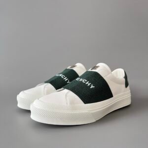 AuroraCustom Givenchy City Court Sneakers (Pristine White Silk Calfskin & Contrast Forest Green Elastic Webbing Band Edition)
