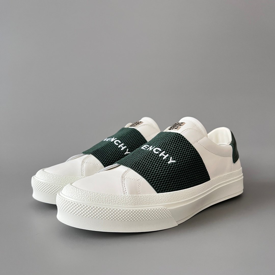 AuroraCustom Givenchy City Court Sneakers (Pristine White Silk Calfskin & Contrast Forest Green Elastic Webbing Band Edition)