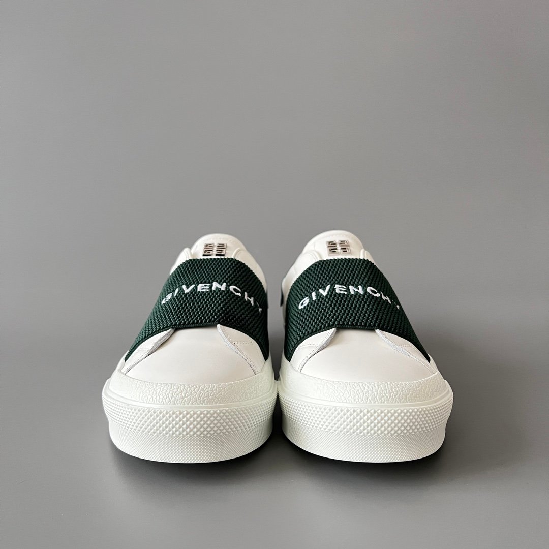 AuroraCustom Givenchy City Court Sneakers (Pristine White Silk Calfskin & Contrast Forest Green Elastic Webbing Band Edition) - Image 2