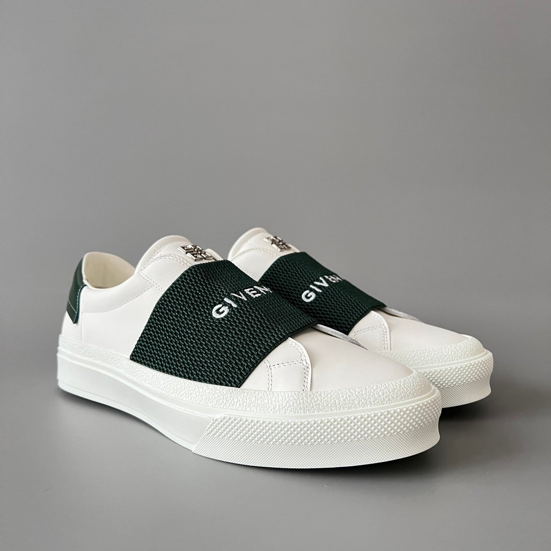 AuroraCustom Givenchy City Court Sneakers (Pristine White Silk Calfskin & Contrast Forest Green Elastic Webbing Band Edition) - Image 3