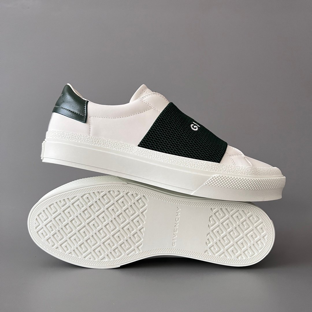 AuroraCustom Givenchy City Court Sneakers (Pristine White Silk Calfskin & Contrast Forest Green Elastic Webbing Band Edition) - Image 6
