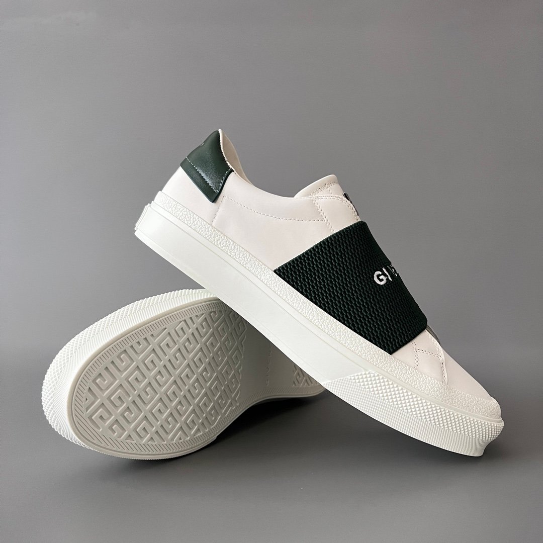 AuroraCustom Givenchy City Court Sneakers (Pristine White Silk Calfskin & Contrast Forest Green Elastic Webbing Band Edition) - Image 7