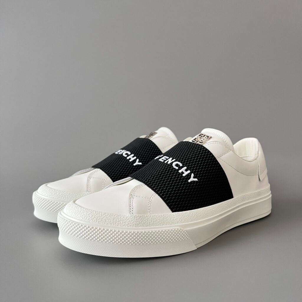 AuroraCustom Givenchy City Court Sneakers (Pristine White Silk Calfskin & Contrast Onyx Black Elastic Webbing Band Edition)