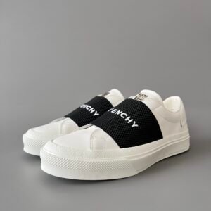 AuroraCustom Givenchy City Court Sneakers (Pristine White Silk Calfskin & Contrast Onyx Black Elastic Webbing Band Edition)
