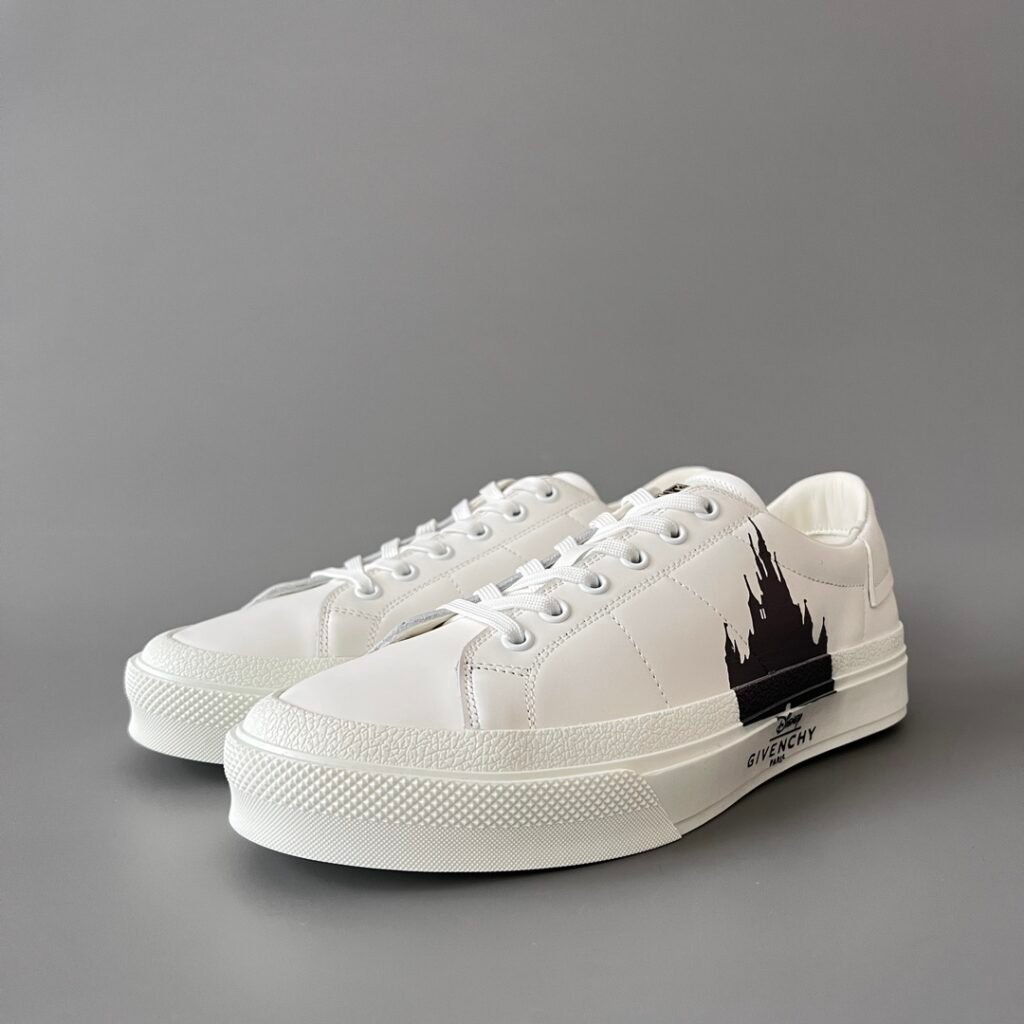 AuroraCustom Givenchy City Court Sneakers (Pristine White Silk Calfskin & Disney Castle Graphic Edition)
