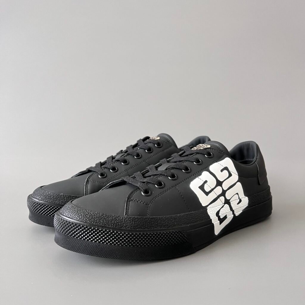 AuroraCustom Givenchy City Court Sneakers (Stealth Black Silk Calfskin & Oversized Contrast White 4G Logo Edition)