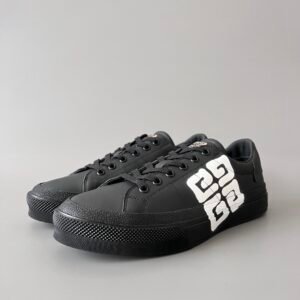 AuroraCustom Givenchy City Court Sneakers (Stealth Black Silk Calfskin & Oversized Contrast White 4G Logo Edition)