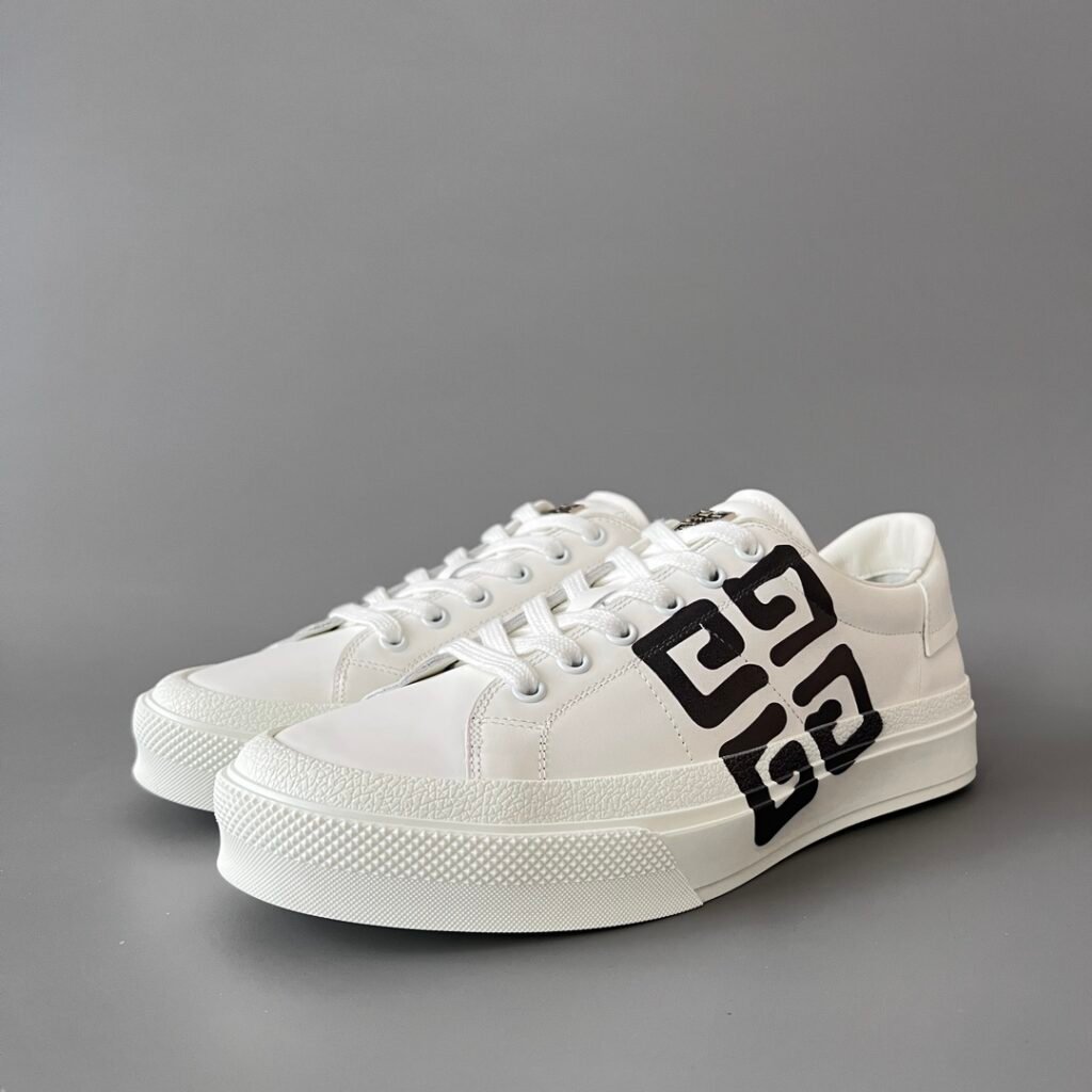 AuroraCustom Givenchy City Court Sneakers (Pristine White Silk Calfskin & Oversized Contrast Black 4G Logo Edition)