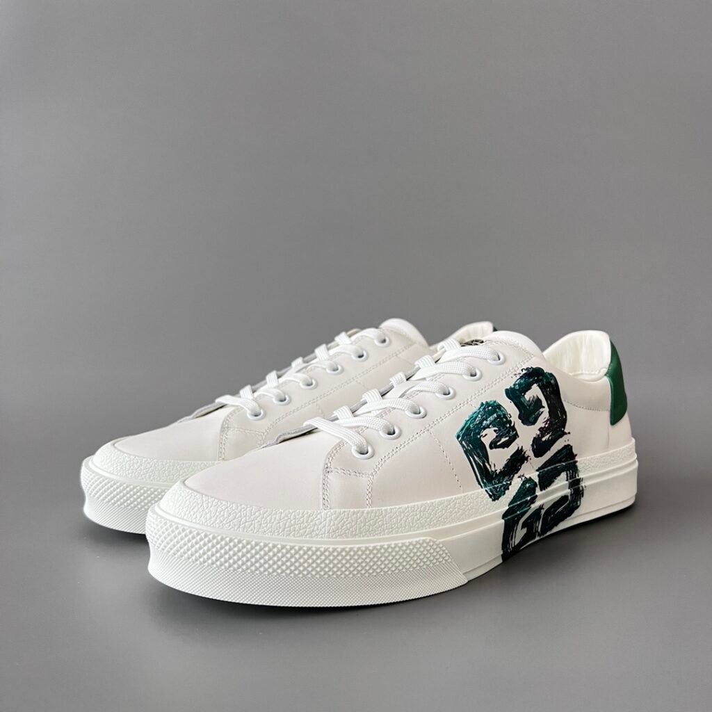 AuroraCustom Givenchy City Court Sneakers (Pristine White Silk Calfskin & Distressed Brushstroke 4G Logo Edition)