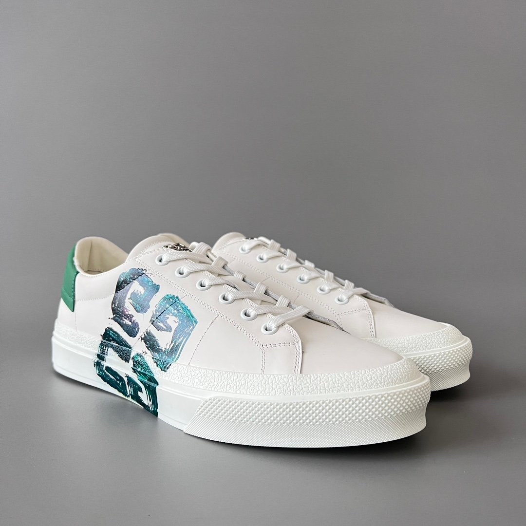 AuroraCustom Givenchy City Court Sneakers (Pristine White Silk Calfskin & Distressed Brushstroke 4G Logo Edition) - Image 3