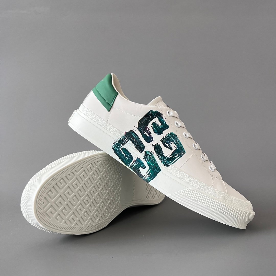AuroraCustom Givenchy City Court Sneakers (Pristine White Silk Calfskin & Distressed Brushstroke 4G Logo Edition) - Image 7