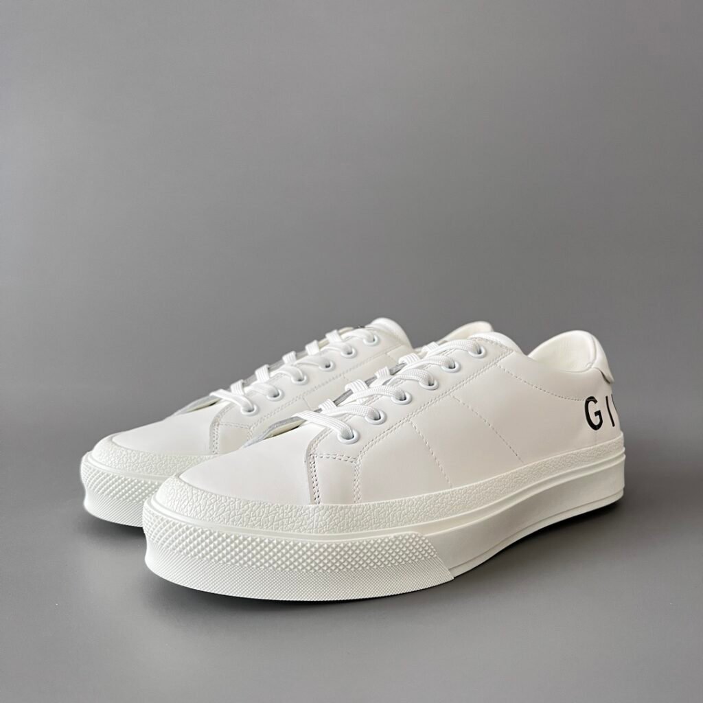 AuroraCustom Givenchy City Court Sneakers (Pristine White Silk Calfskin & Wrap-Around Oversized Sans-Serif Logo Edition)