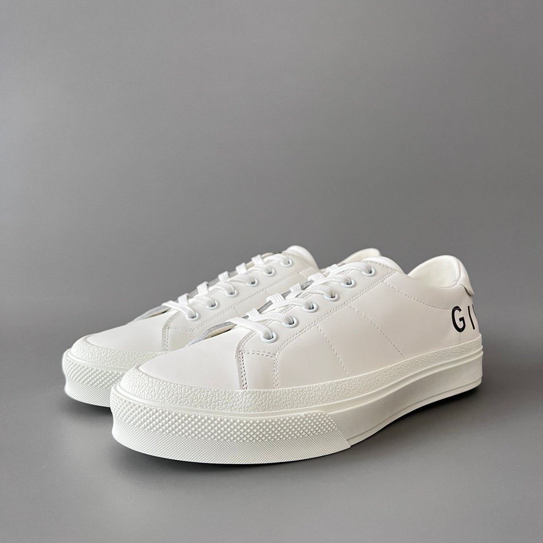 AuroraCustom Givenchy City Court Sneakers (Pristine White Silk Calfskin & Wrap-Around Oversized Sans-Serif Logo Edition)