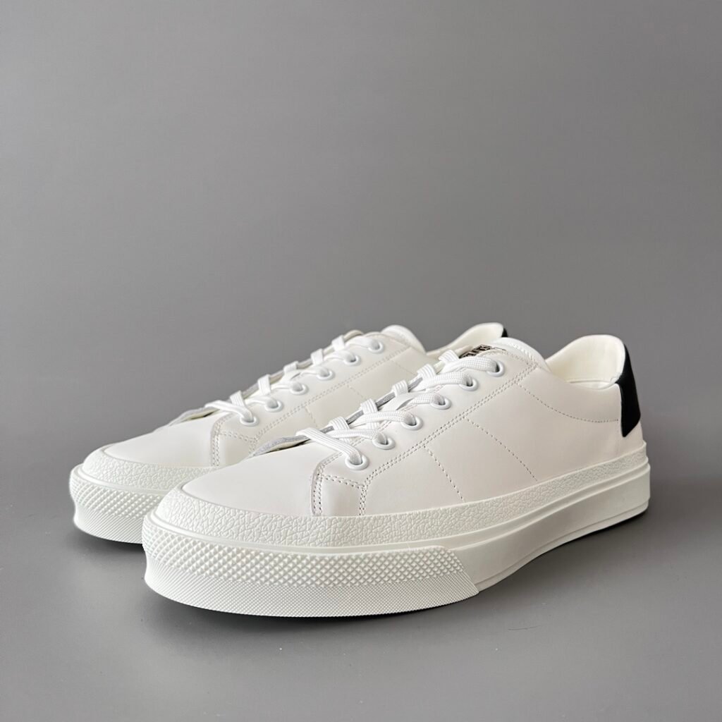 AuroraCustom Givenchy City Court Sneakers (Pristine White Silk Calfskin & Contrast Matte Black Heel Tab Edition)