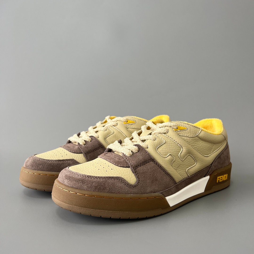 AuroraCustom Fendi Match Retro Sneakers (Pristine Beige Calfskin, Vintage Cocoa Brown Suede & Sunburst Yellow Accent Edition)