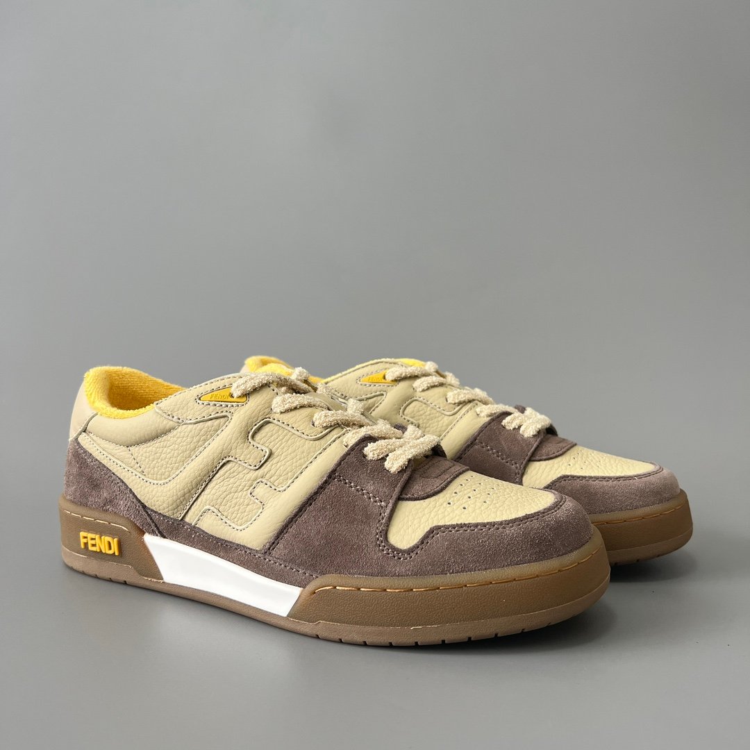 AuroraCustom Fendi Match Retro Sneakers (Pristine Beige Calfskin, Vintage Cocoa Brown Suede & Sunburst Yellow Accent Edition) - Image 3