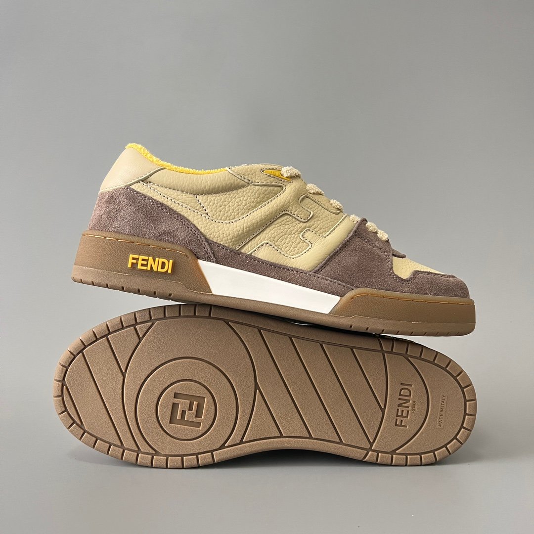 AuroraCustom Fendi Match Retro Sneakers (Pristine Beige Calfskin, Vintage Cocoa Brown Suede & Sunburst Yellow Accent Edition) - Image 6