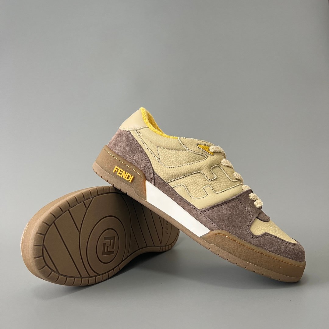 AuroraCustom Fendi Match Retro Sneakers (Pristine Beige Calfskin, Vintage Cocoa Brown Suede & Sunburst Yellow Accent Edition) - Image 7