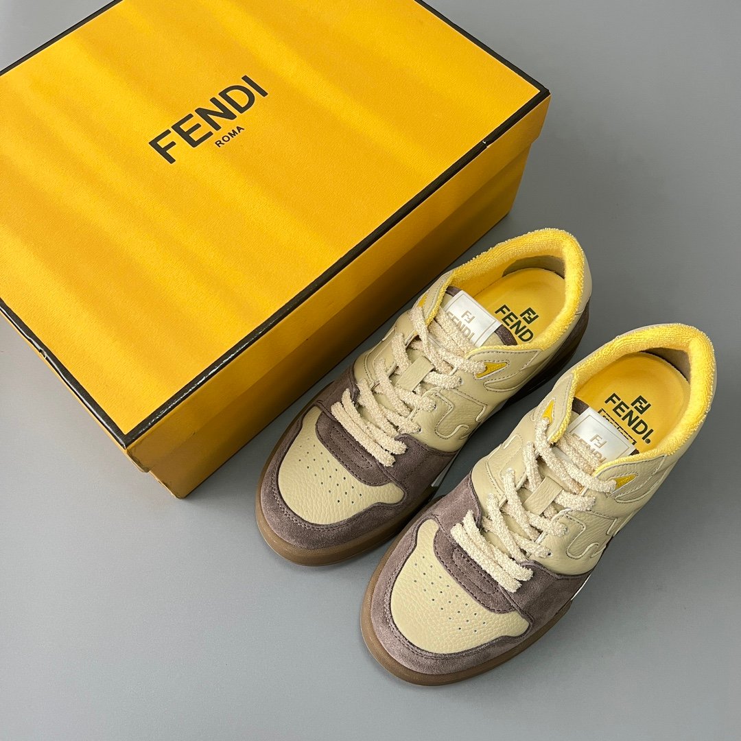 AuroraCustom Fendi Match Retro Sneakers (Pristine Beige Calfskin, Vintage Cocoa Brown Suede & Sunburst Yellow Accent Edition) - Image 9