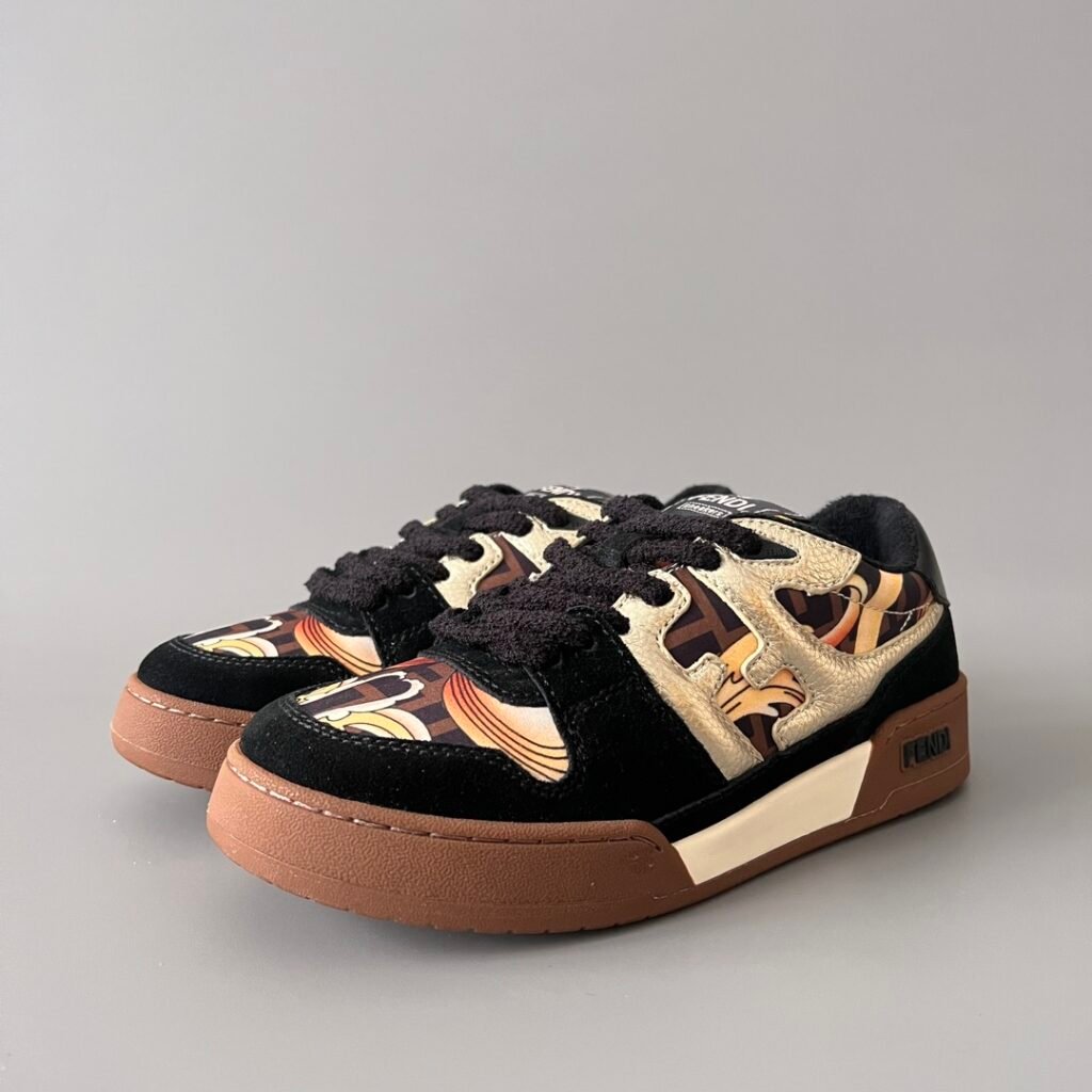 AuroraCustom Fendi Match Retro Sneakers (Metallic Gold Grain Leather, Stealth Black Suede & Archival Monogram Swirl Print Edition)
