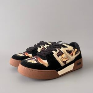 AuroraCustom Fendi Match Retro Sneakers (Metallic Gold Grain Leather, Stealth Black Suede & Archival Monogram Swirl Print Edition)