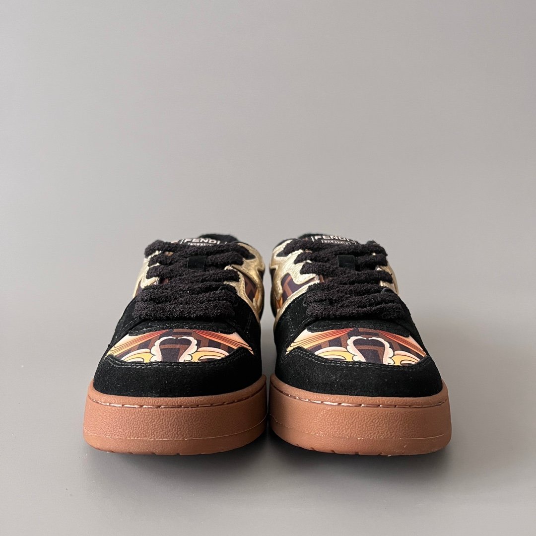 AuroraCustom Fendi Match Retro Sneakers (Metallic Gold Grain Leather, Stealth Black Suede & Archival Monogram Swirl Print Edition) - Image 2