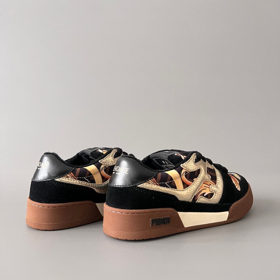 AuroraCustom Fendi Match Retro Sneakers (Metallic Gold Grain Leather, Stealth Black Suede & Archival Monogram Swirl Print Edition) - Image 4