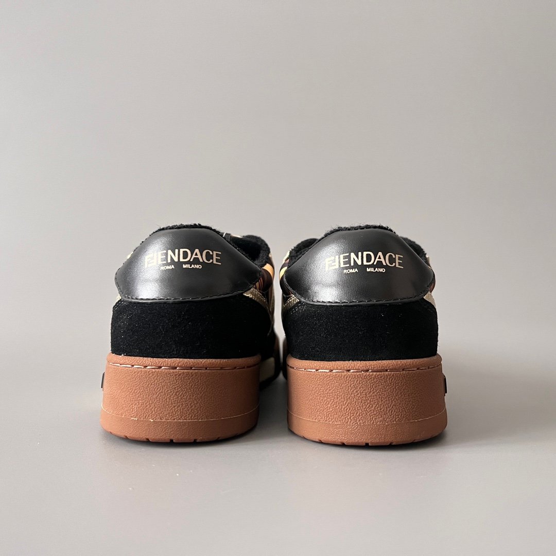 AuroraCustom Fendi Match Retro Sneakers (Metallic Gold Grain Leather, Stealth Black Suede & Archival Monogram Swirl Print Edition) - Image 5