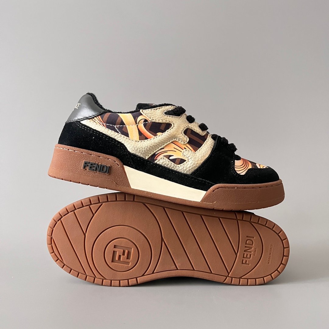 AuroraCustom Fendi Match Retro Sneakers (Metallic Gold Grain Leather, Stealth Black Suede & Archival Monogram Swirl Print Edition) - Image 6