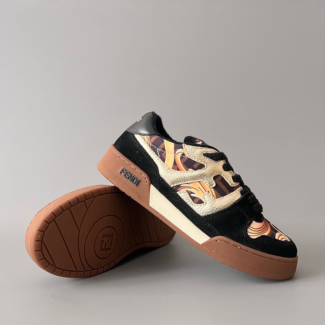 AuroraCustom Fendi Match Retro Sneakers (Metallic Gold Grain Leather, Stealth Black Suede & Archival Monogram Swirl Print Edition) - Image 7