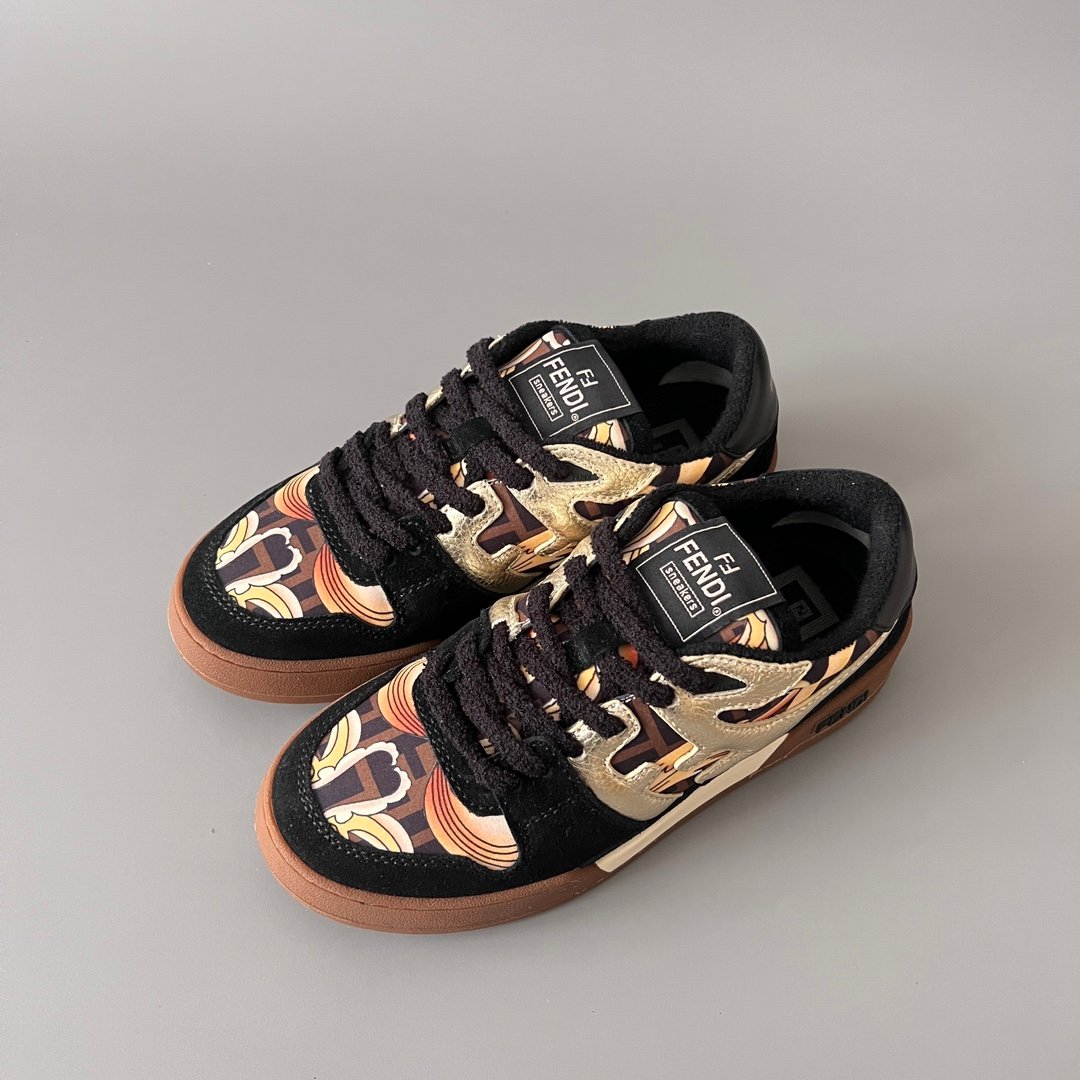 AuroraCustom Fendi Match Retro Sneakers (Metallic Gold Grain Leather, Stealth Black Suede & Archival Monogram Swirl Print Edition) - Image 8