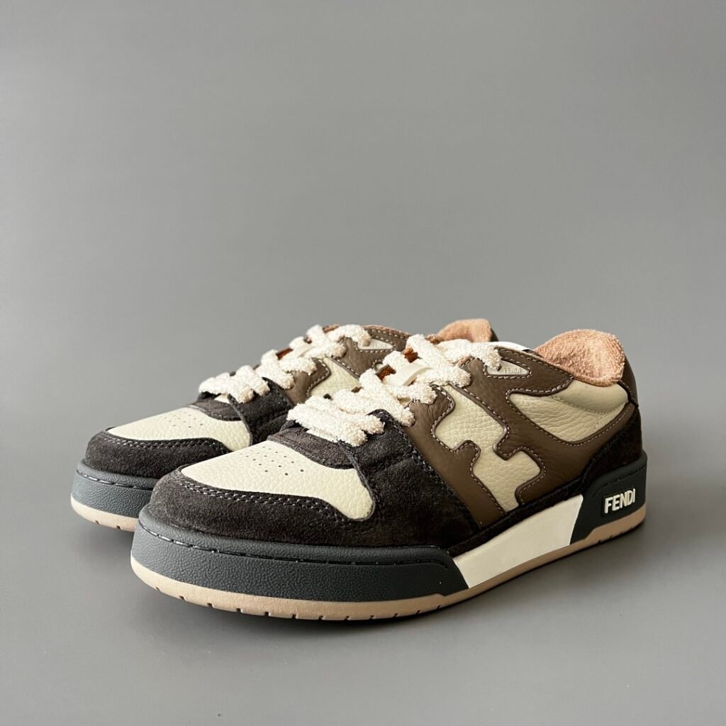 AuroraCustom Fendi Match Retro Sneakers (Pristine Cream Calfskin, Espresso Brown Suede & Mocha Leather Accent Edition)