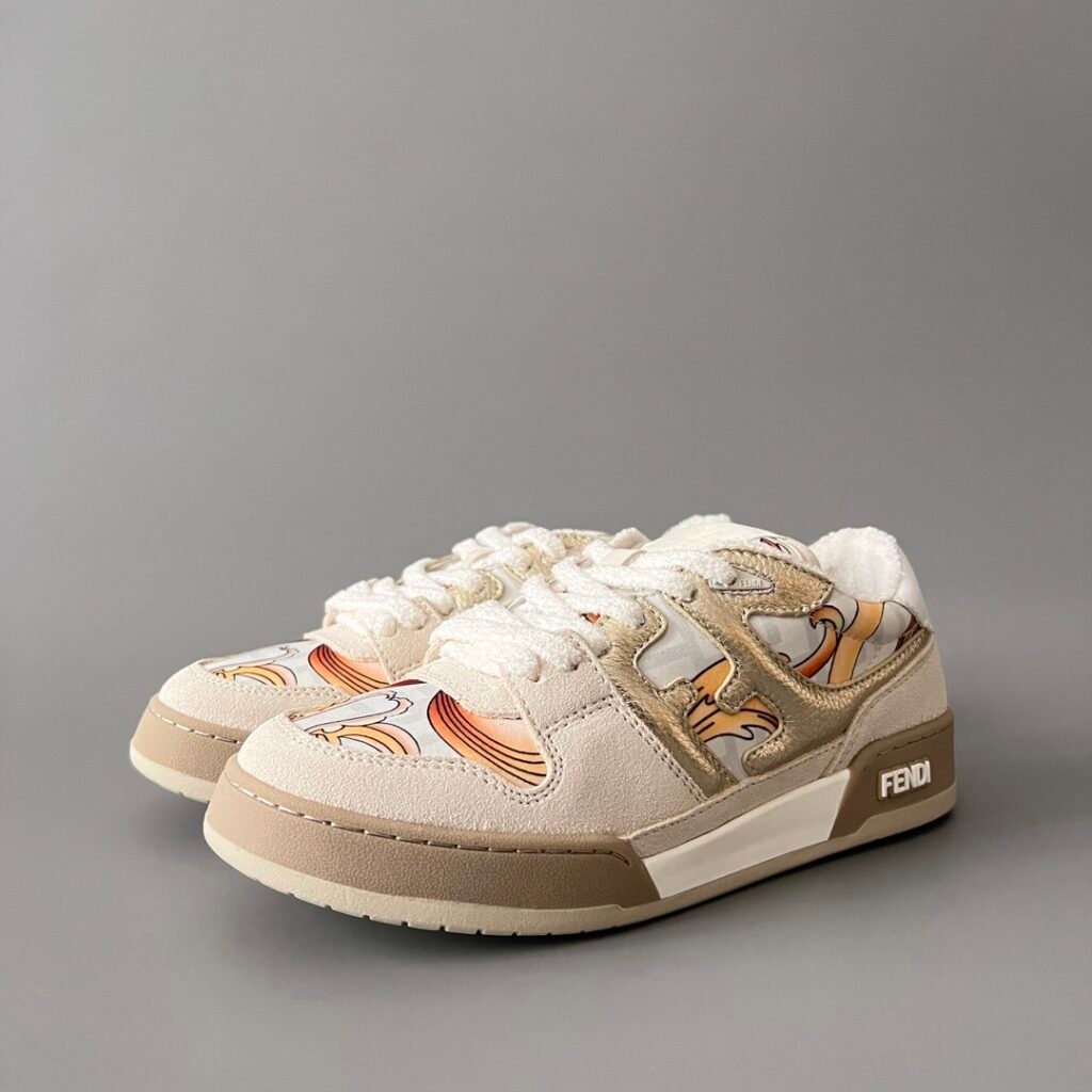 AuroraCustom Fendi Match Retro Sneakers (Metallic Gold Grain Leather, Light Sand Suede & Archival Monogram Swirl Print Women's Edition)