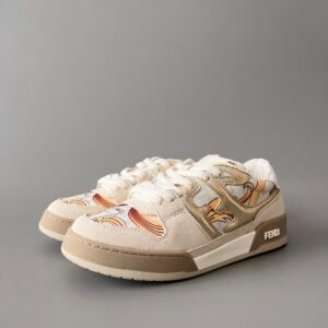 AuroraCustom Fendi Match Retro Sneakers (Metallic Gold Grain Leather, Light Sand Suede & Archival Monogram Swirl Print Women's Edition)