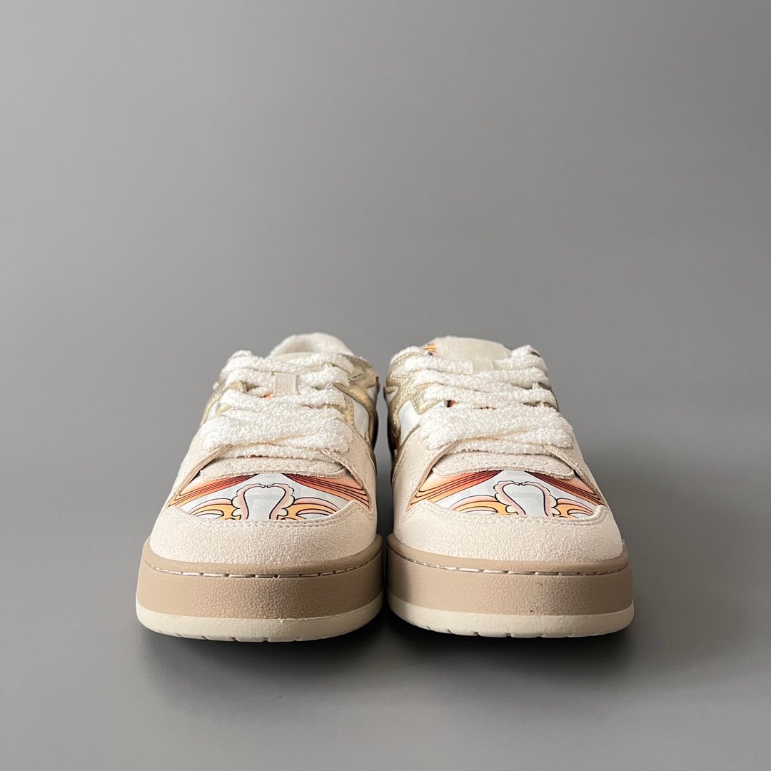 AuroraCustom Fendi Match Retro Sneakers (Metallic Gold Grain Leather, Light Sand Suede & Archival Monogram Swirl Print Women's Edition) - Image 2