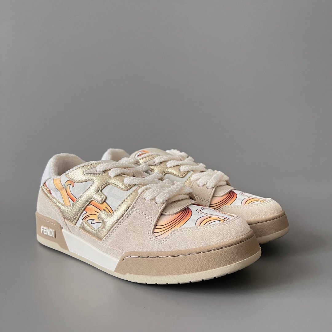 AuroraCustom Fendi Match Retro Sneakers (Metallic Gold Grain Leather, Light Sand Suede & Archival Monogram Swirl Print Women's Edition) - Image 3