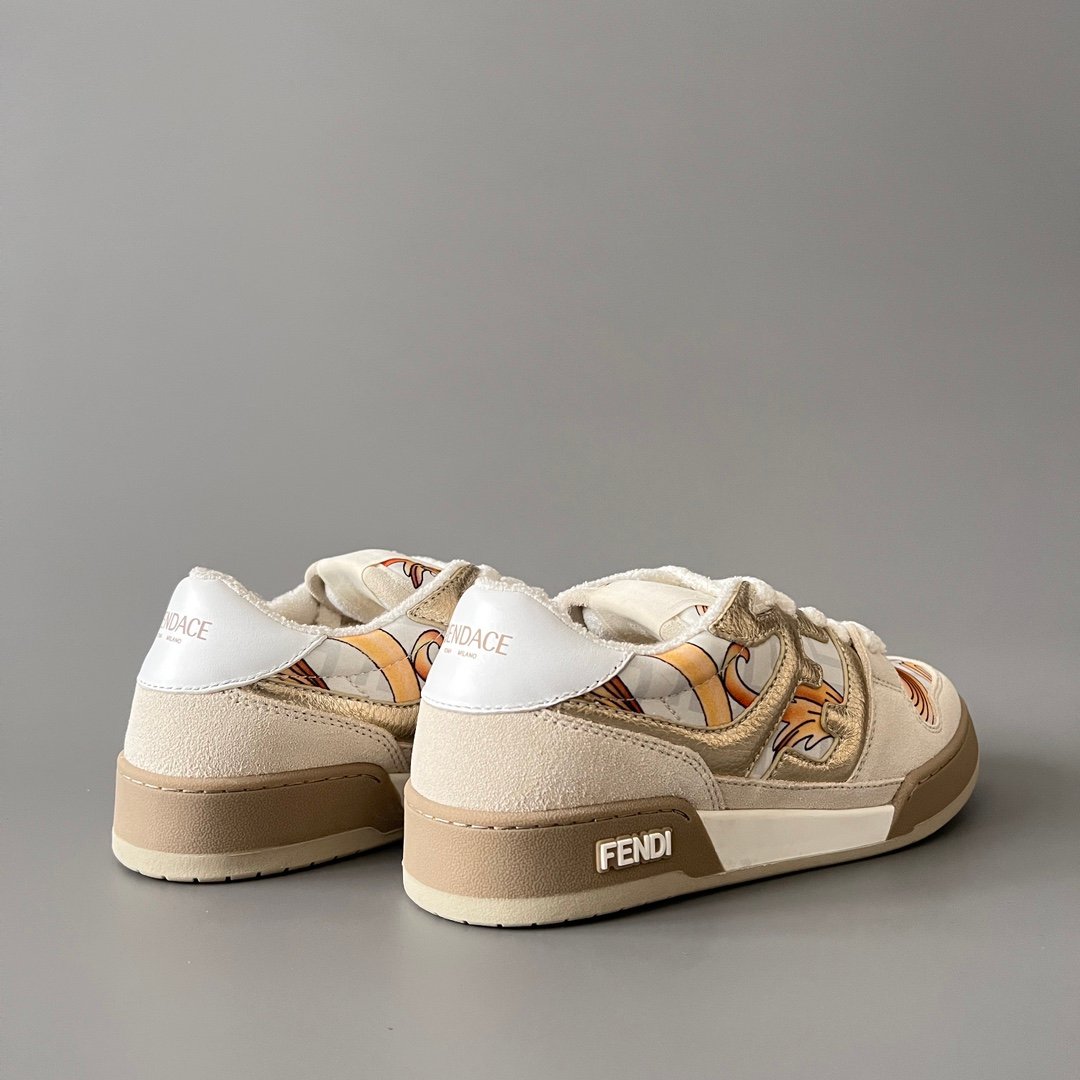 AuroraCustom Fendi Match Retro Sneakers (Metallic Gold Grain Leather, Light Sand Suede & Archival Monogram Swirl Print Women's Edition) - Image 4