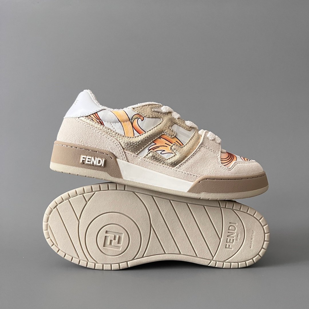 AuroraCustom Fendi Match Retro Sneakers (Metallic Gold Grain Leather, Light Sand Suede & Archival Monogram Swirl Print Women's Edition) - Image 6