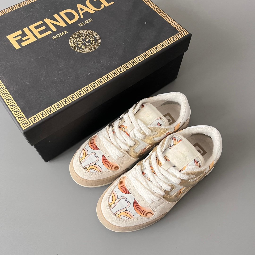 AuroraCustom Fendi Match Retro Sneakers (Metallic Gold Grain Leather, Light Sand Suede & Archival Monogram Swirl Print Women's Edition) - Image 9