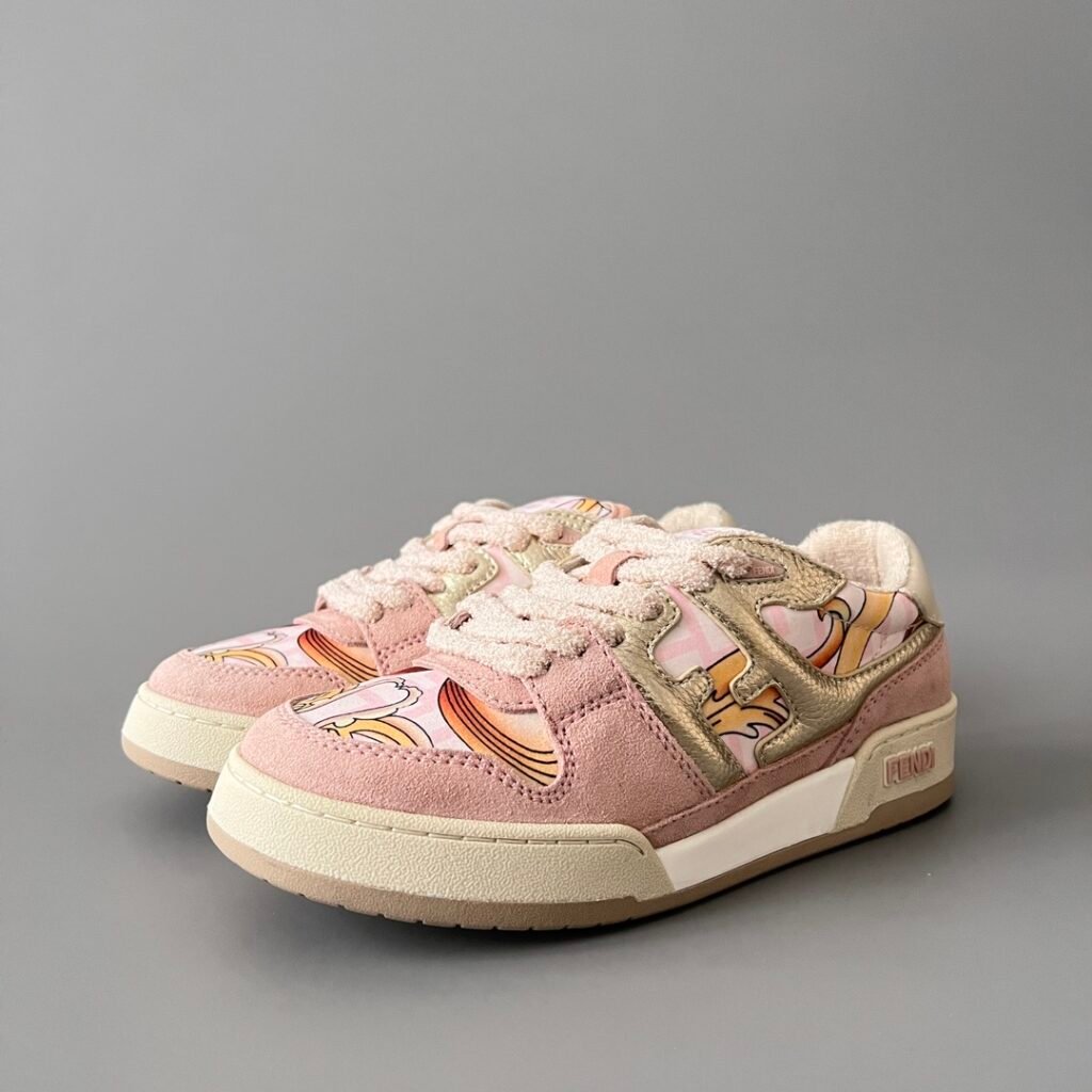 AuroraCustom Fendi Match Retro Sneakers (Metallic Gold Grain Leather, Sakura Pink Suede & Archival Monogram Swirl Print Women's Edition)
