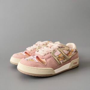 AuroraCustom Fendi Match Retro Sneakers (Metallic Gold Grain Leather, Sakura Pink Suede & Archival Monogram Swirl Print Women's Edition)