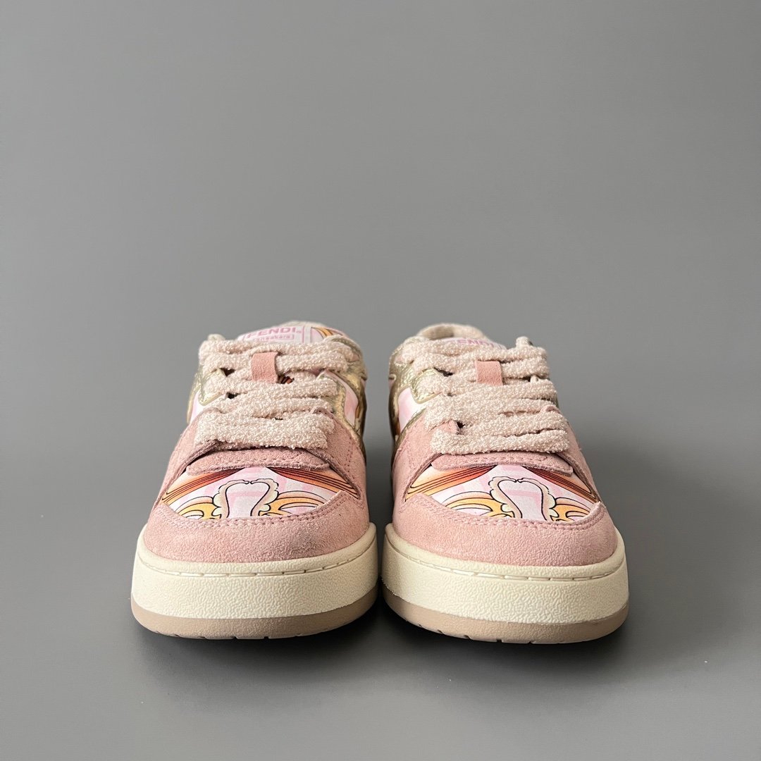 AuroraCustom Fendi Match Retro Sneakers (Metallic Gold Grain Leather, Sakura Pink Suede & Archival Monogram Swirl Print Women's Edition) - Image 2